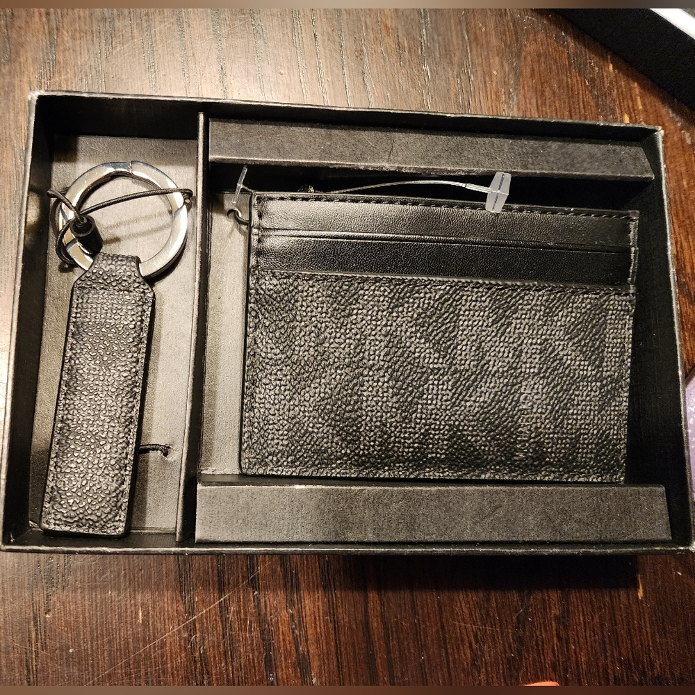 Michael Kors Black Textured Card Holder and Keychain Set